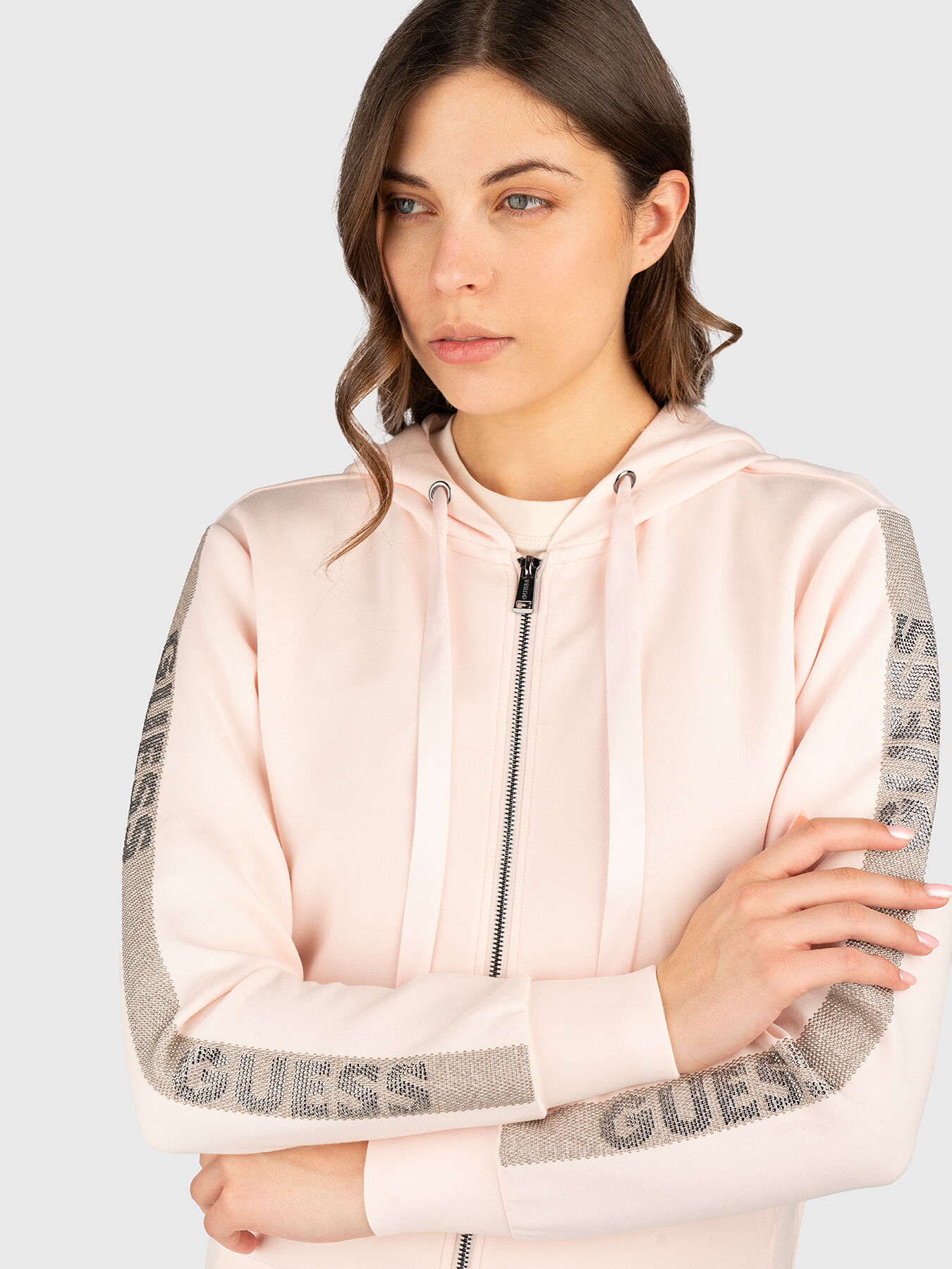 Sweatshirt with hood and logo rhinestones brand GUESS