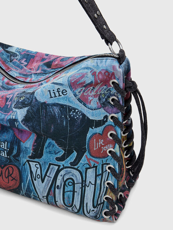 Big denim bag with print and adjustable handle - 5