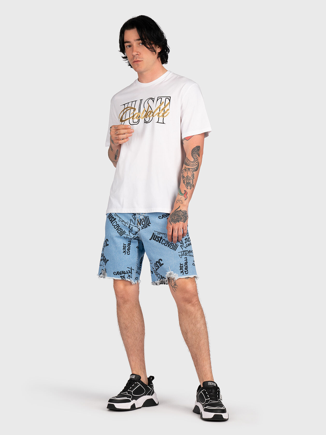 Denim shorts with art logo print brand Just Cavalli