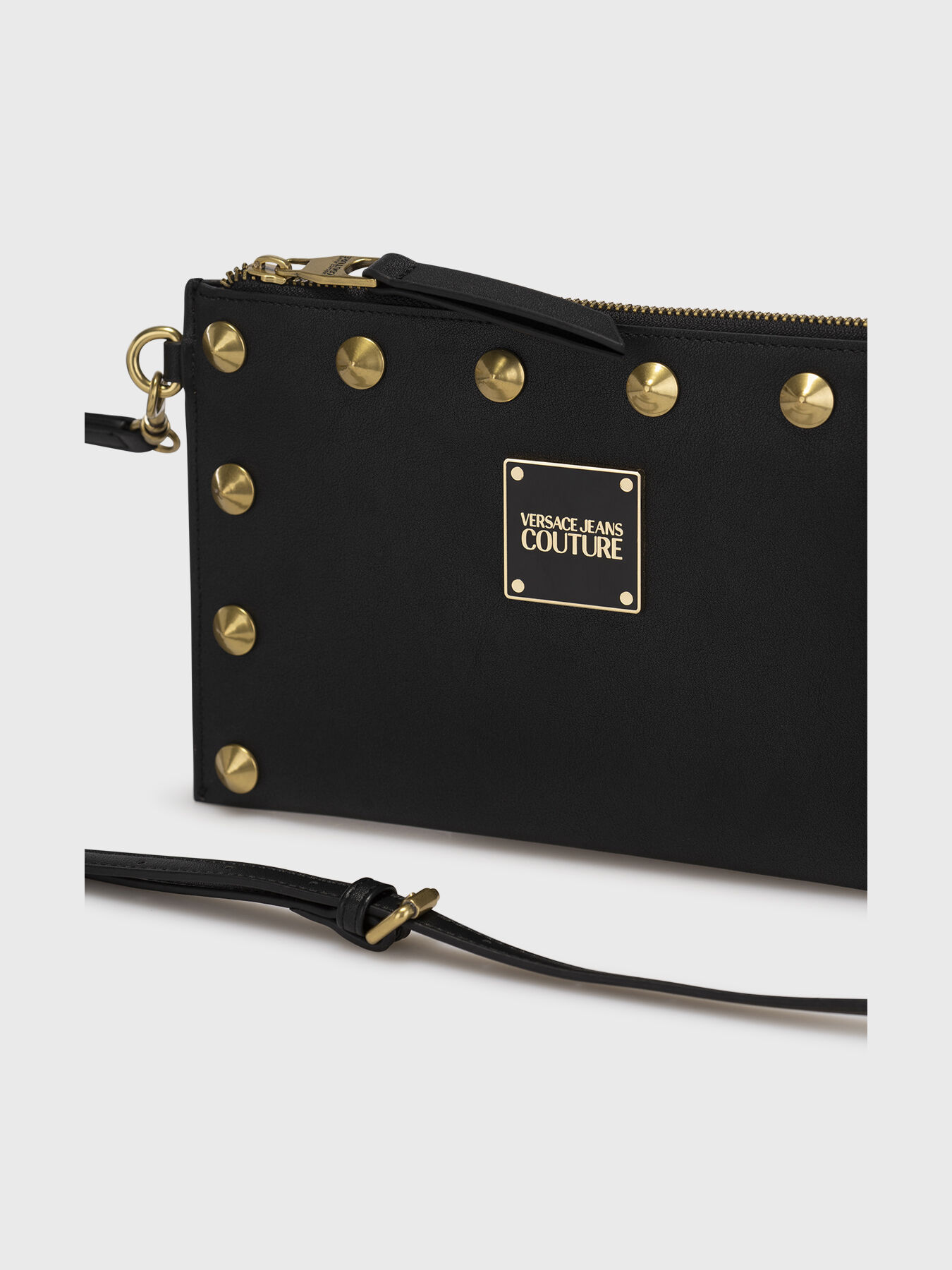 Black clutch with studs and golden logo brand VERSACE JEANS