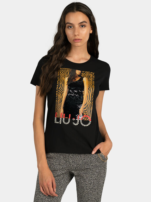 Black t-shirt with print and sequins - 1