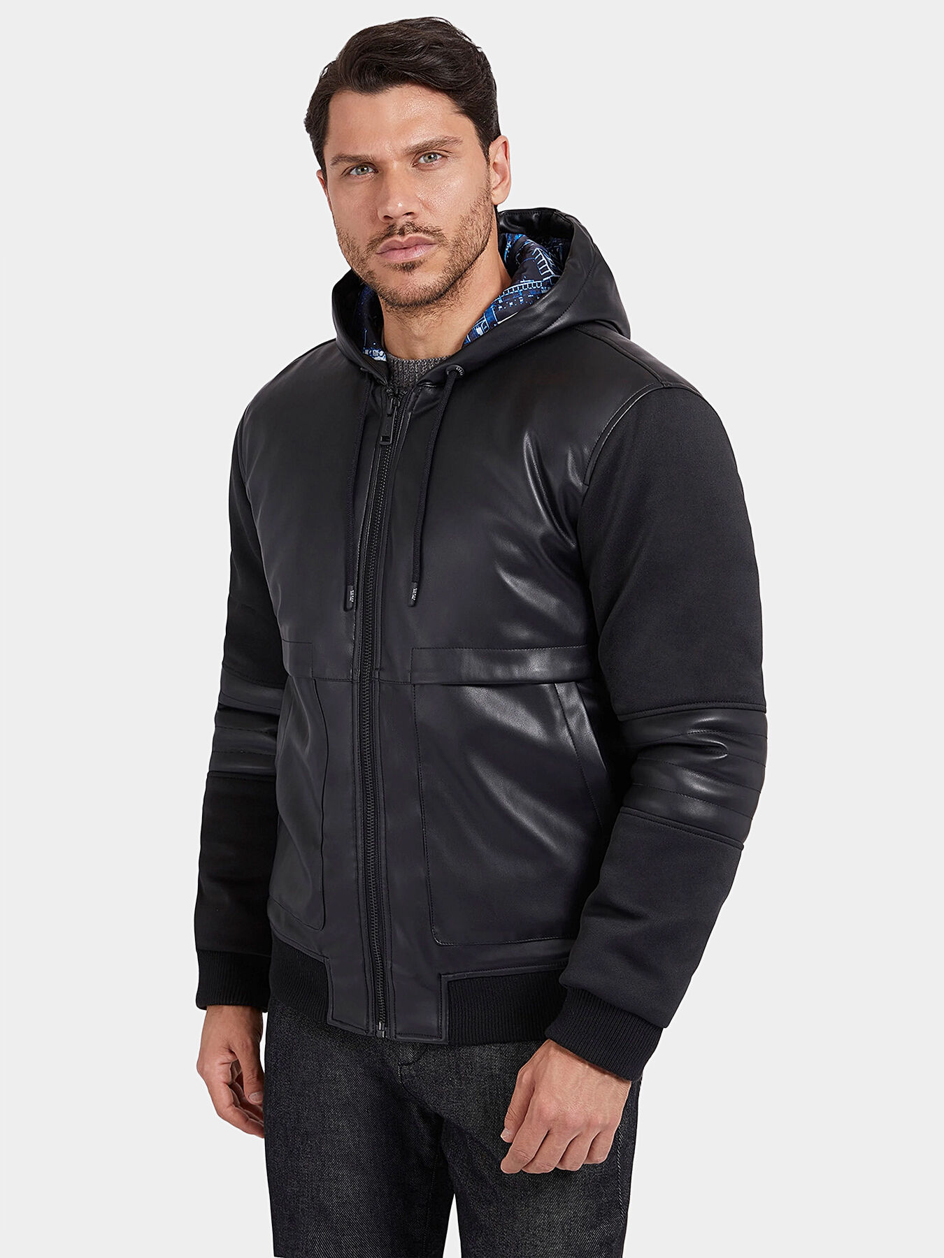 Faux leather hooded bomber jacket online