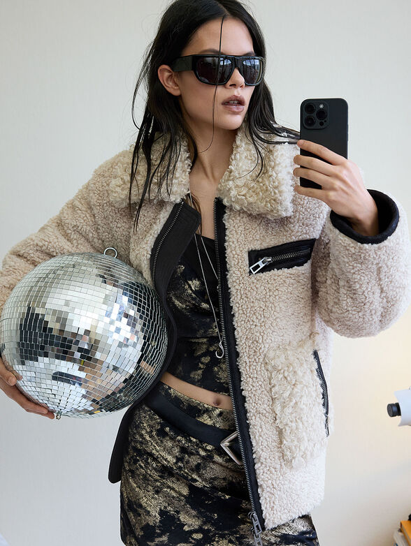 Short fleece jacket with faux leather details - 1