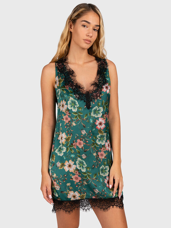Satin nightgown with lace and floral print - 1