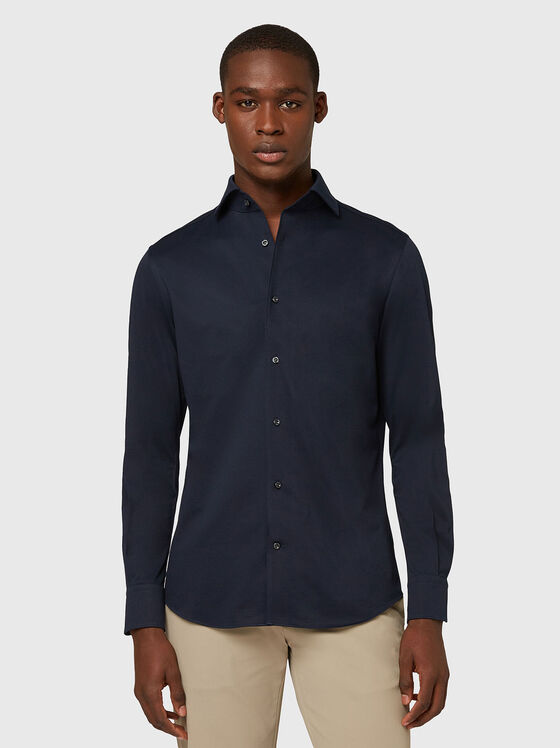 Тъмносиня риза от памучен бленд  - 1