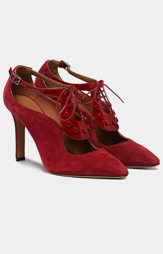 Велурени обувки на ток в червен цвят - 2