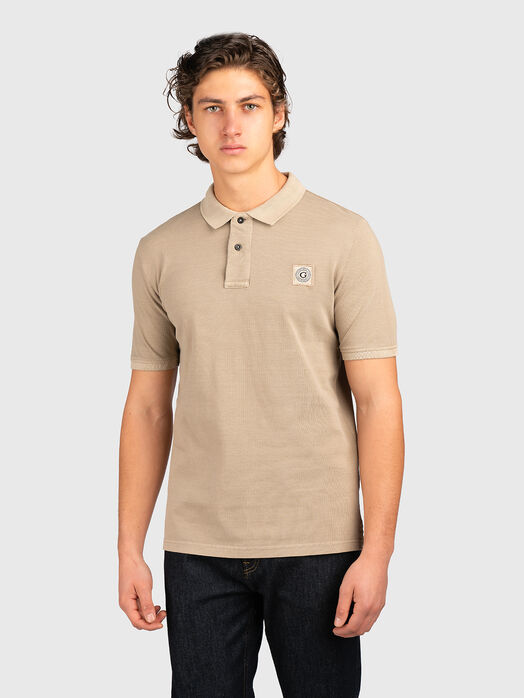 Beige cotton polo shirt with logo patch