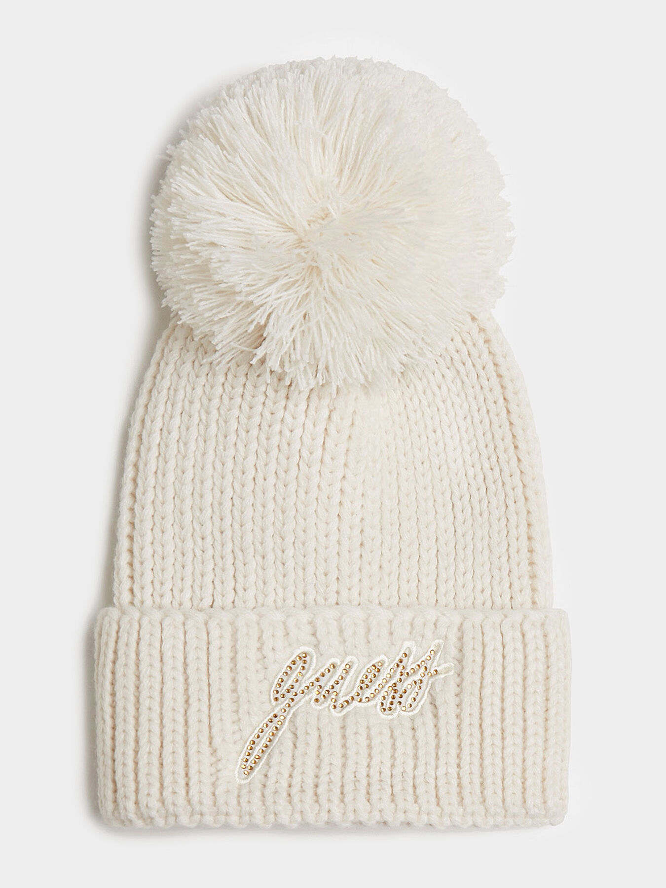 Knitted hat with pompom and logo embroidery brand GUESS Globalbrandsstore en