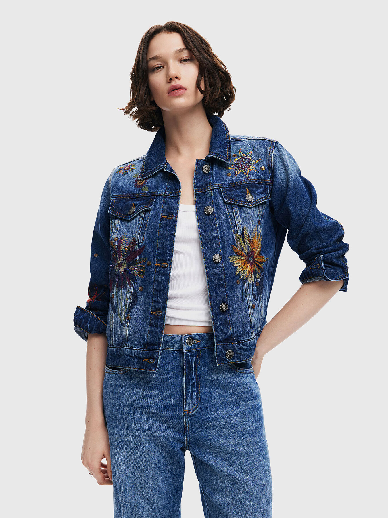 Denim jacket with floral embroidery brand DESIGUAL