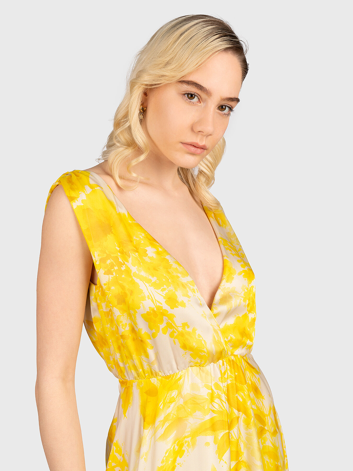 Long V-neck dress with floral print brand LIU JO