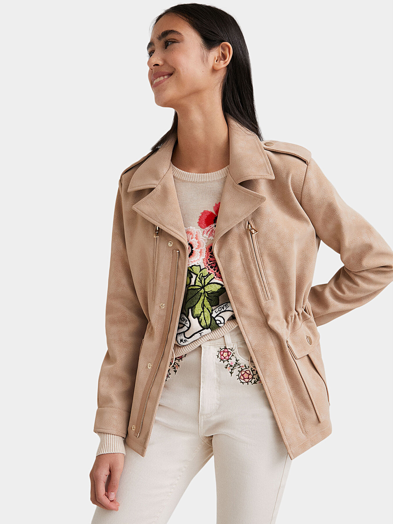 Beige color leather jacket clearance
