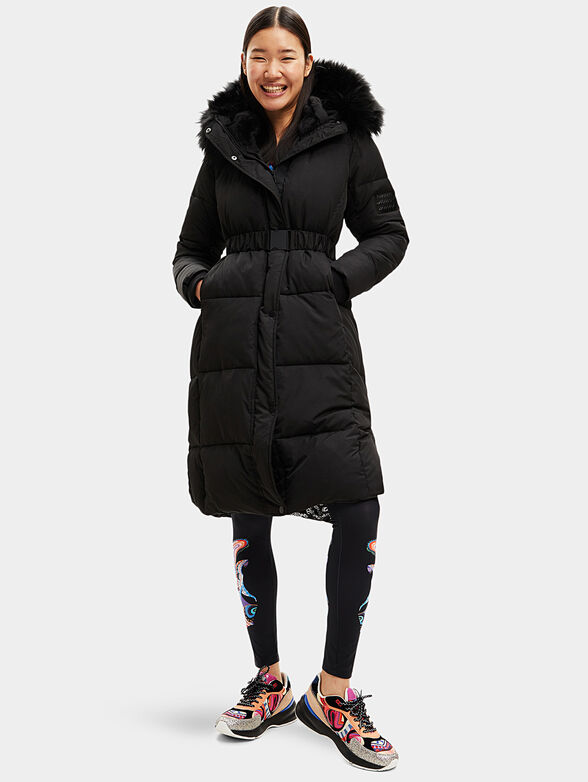 Black long padded jacket with belt - 1