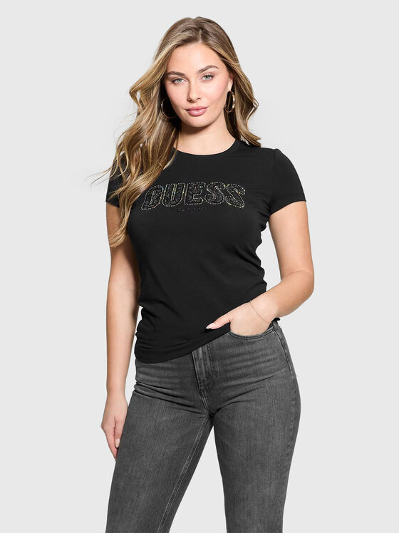 Черна слим тениска от памук с лого - 1