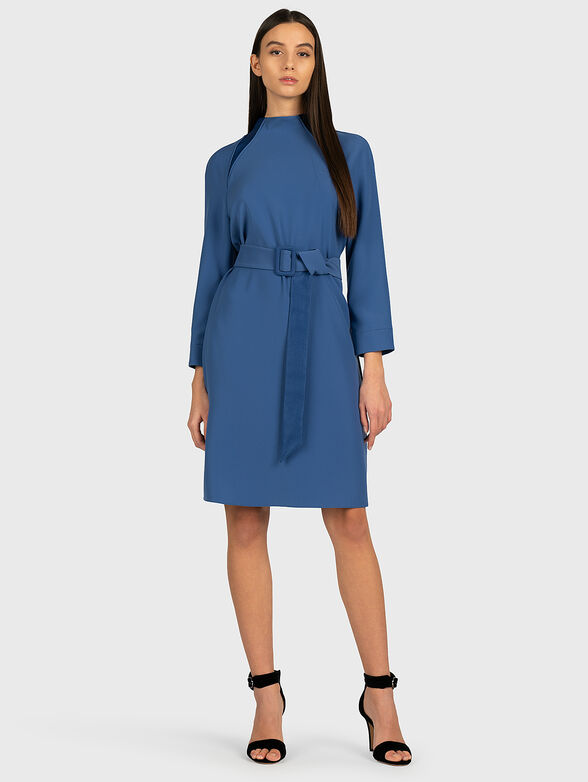 Blue dress with high neck and matching belt - 5