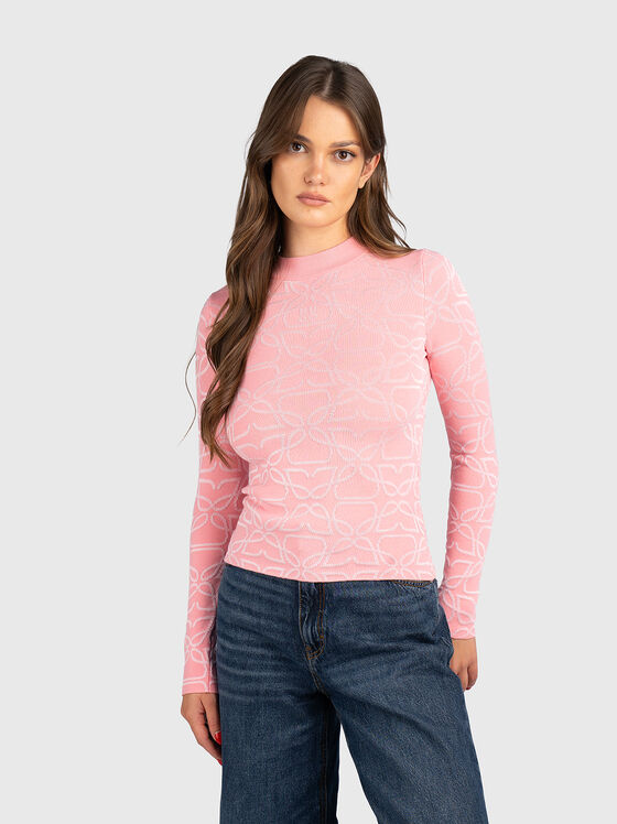 Розов пуловер с флорална бродерия - 1