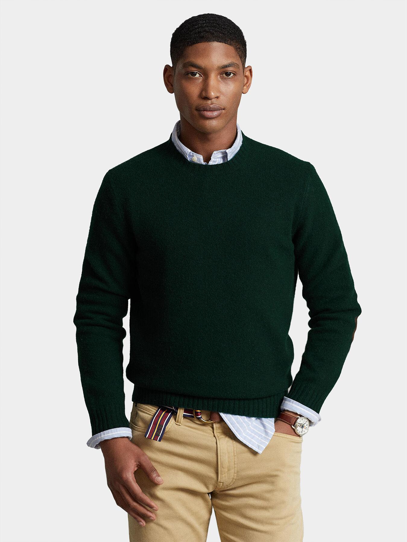 Dark green sweater with patches on the sleeves brand POLO RALPH LAUREN Globalbrandsstore en