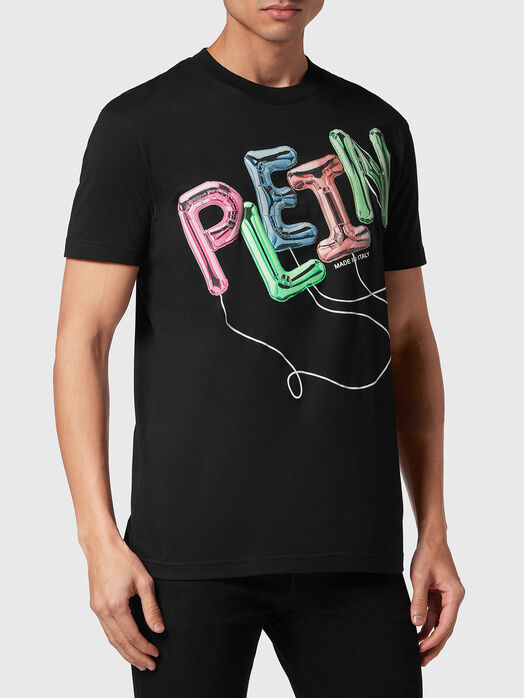 Black T-shirt with multicolour logo print