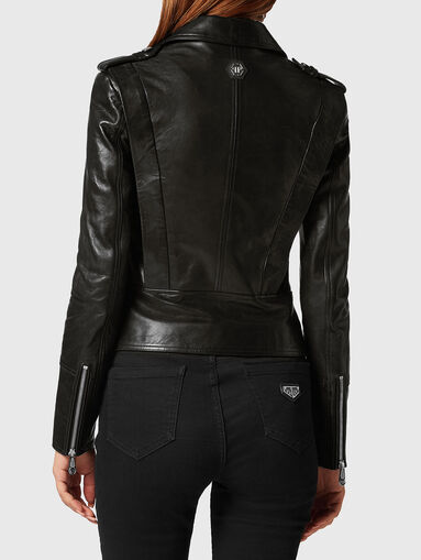 Black leather biker jacket with logo detail - 3