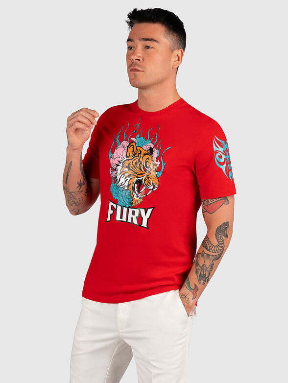 Red T-shirt with colorful print - 0