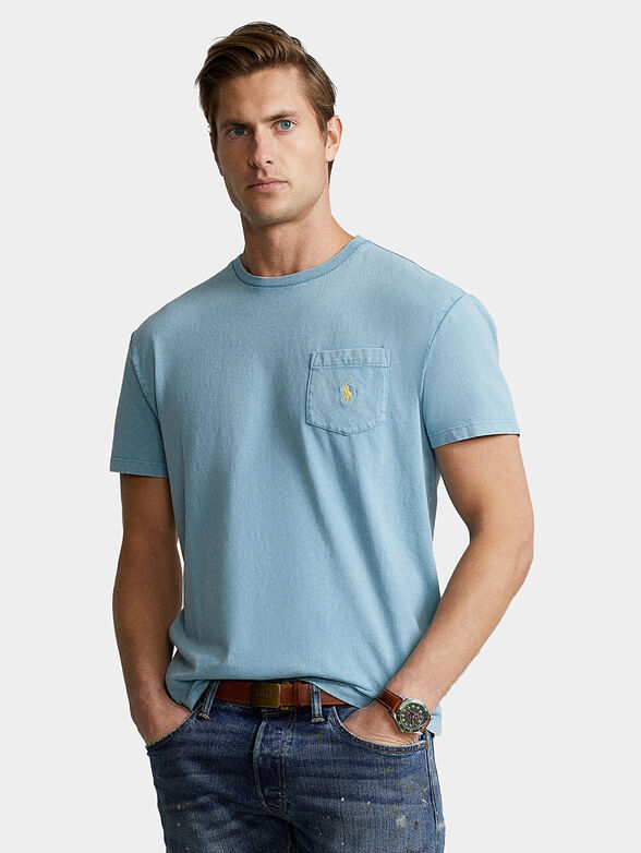 Light blue T-shirt with contrast logo and pocket - 1