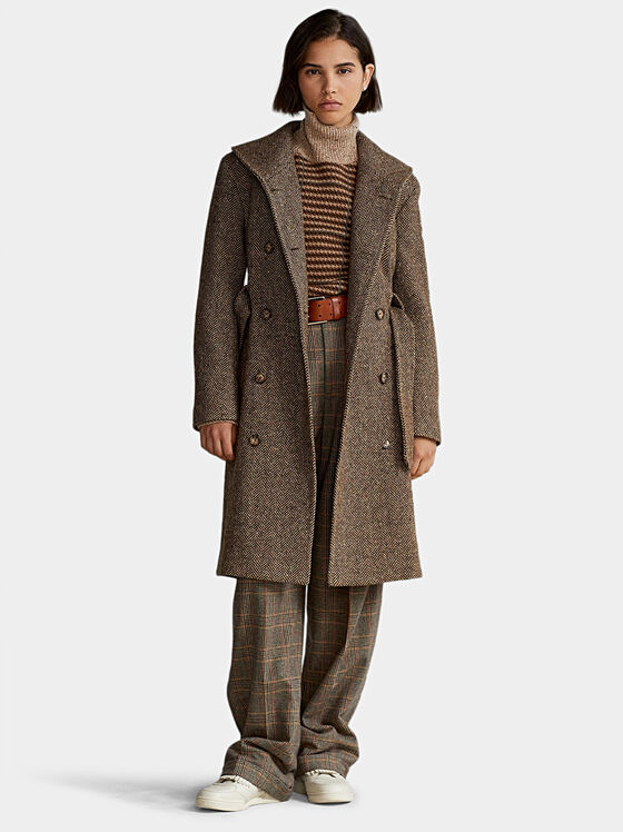 Вълнено палто в кафяв цвят с колан - 1