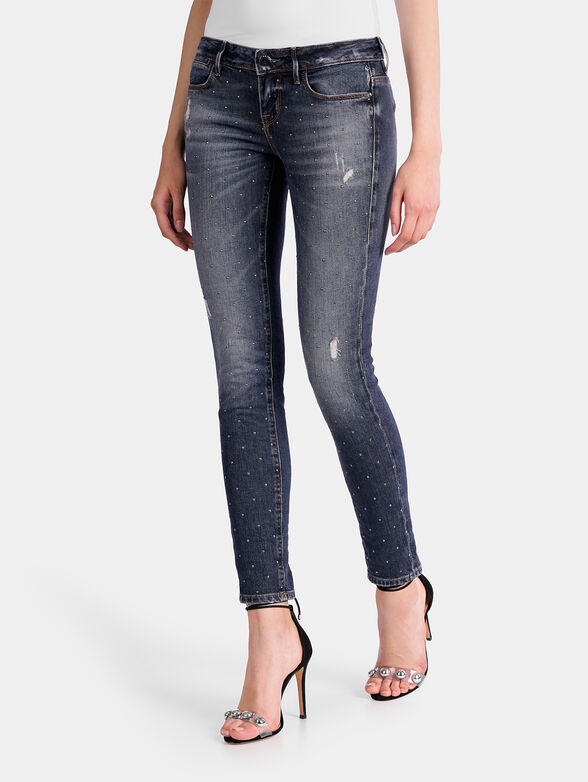 Pearl appliqué abrasion detail jeans - 1