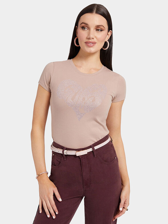 T-shirt in beige color with rhinestone logo - 1
