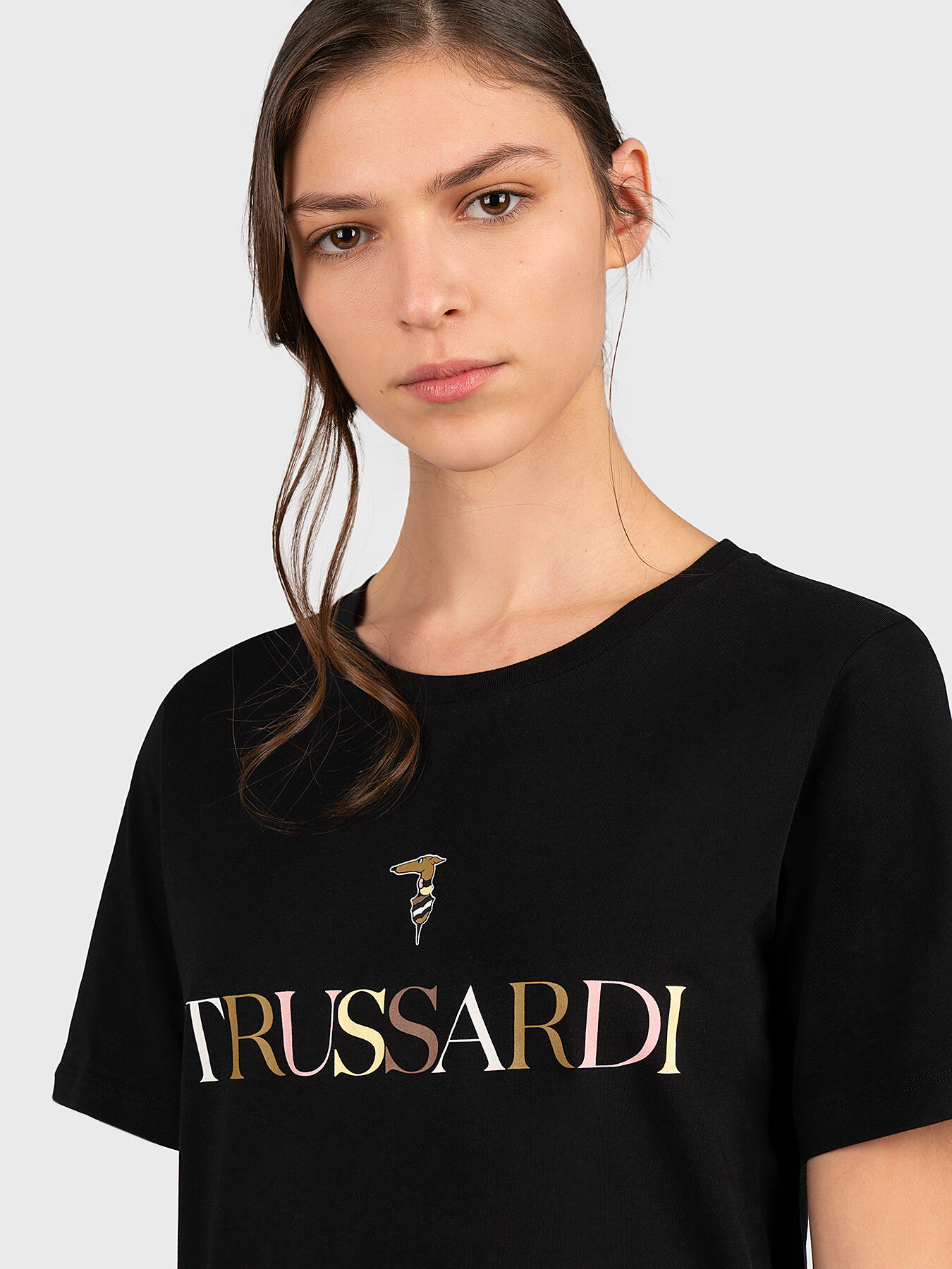 Black T-shirt with multicolor logo print brand TRUSSARDI