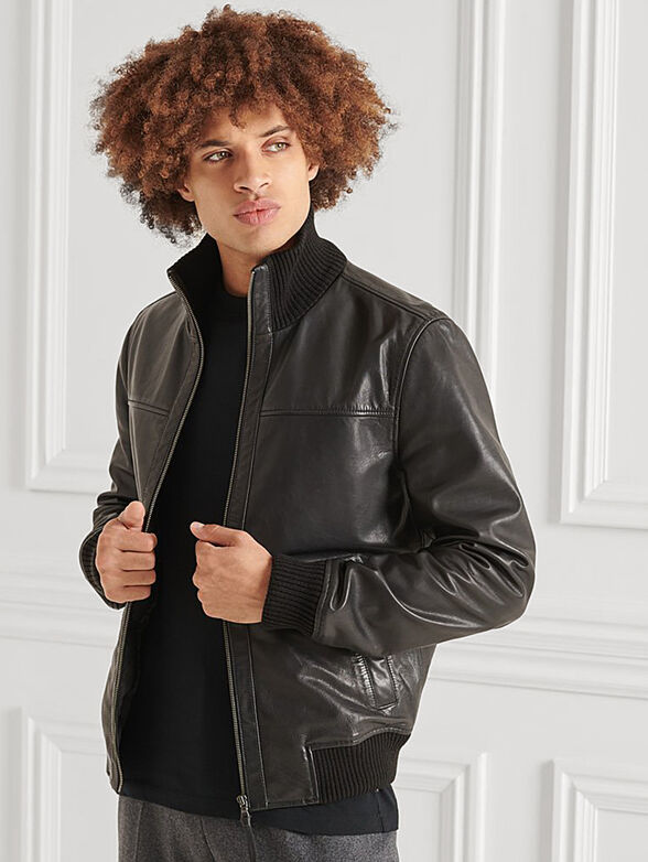 Leather jacket with metal logo detail - 1