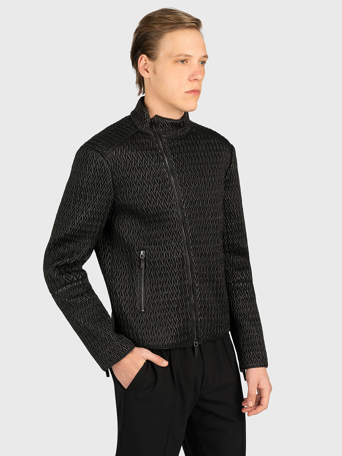 Lamb leather jacket in black color brand EMPORIO ARMANI