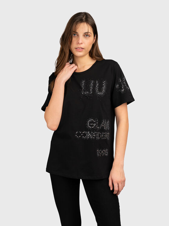 Black cotton T-shirt with rhinestones  - 1