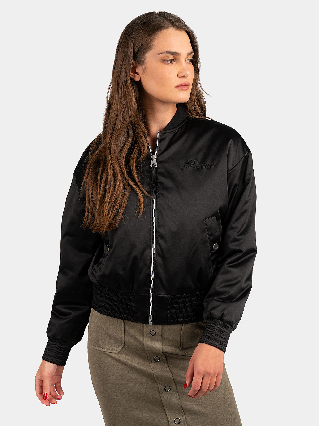 ALEXIA black bomber jacket with embroideries brand GUESS Globalbrandsstore en
