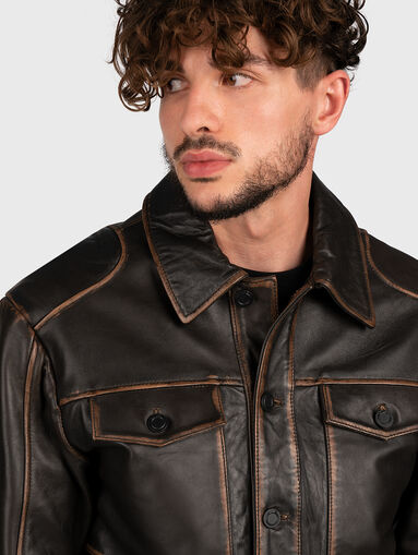 Dark brown leather jacket with buttons - 5