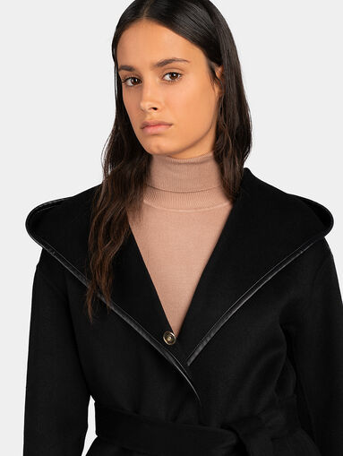 Black coat with leather details and belt - 3