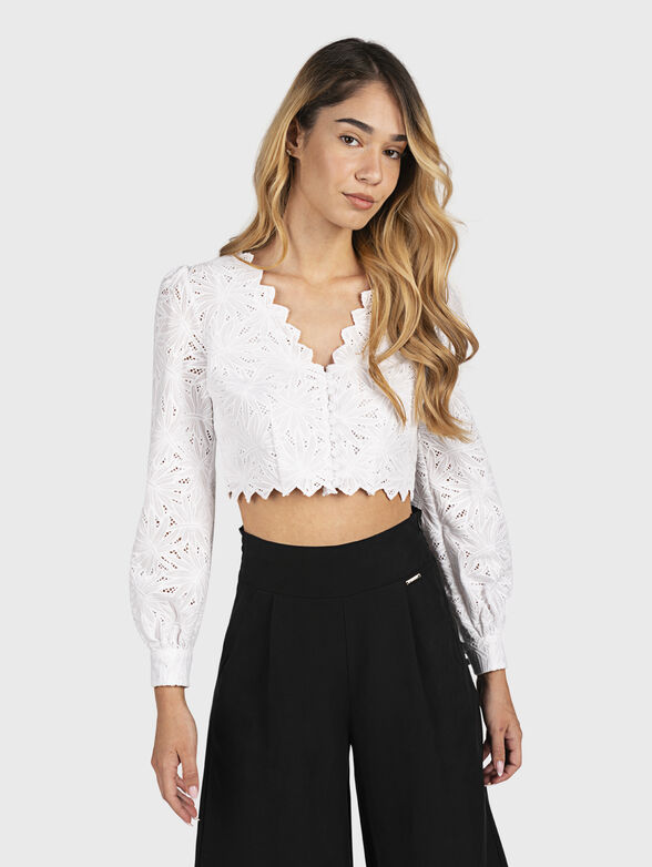 White cropped blouse with long sleeves and embroidery - 1
