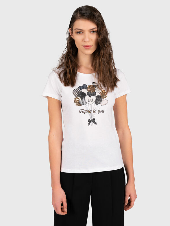 White T-shirt with print and rhinestones - 1