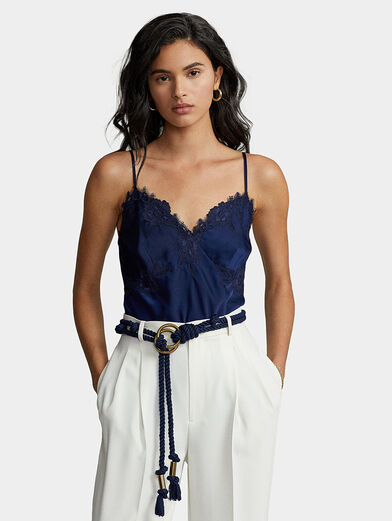 Dark blue satin top with lace details - 1
