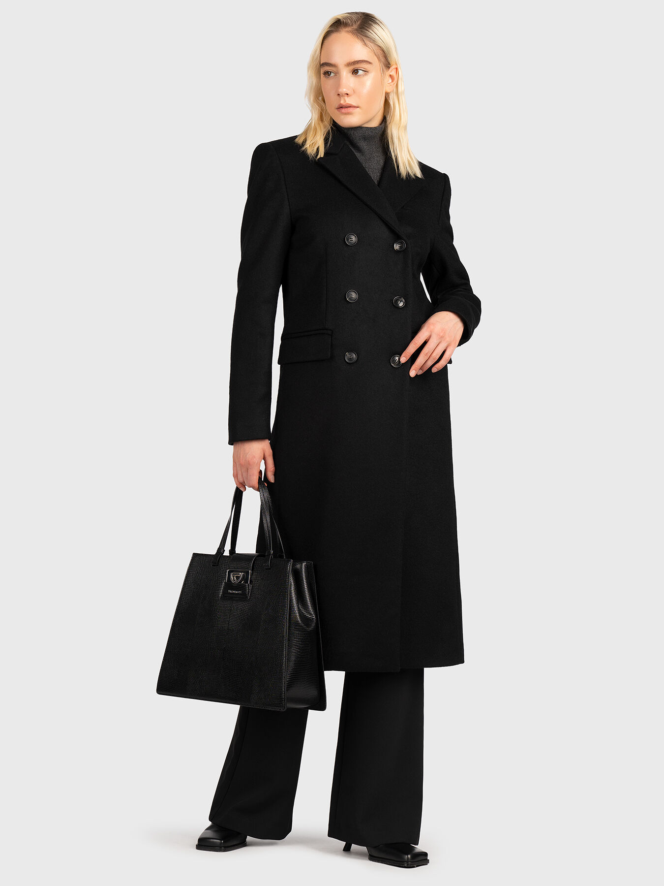 Double-breasted wool coat brand TRUSSARDI