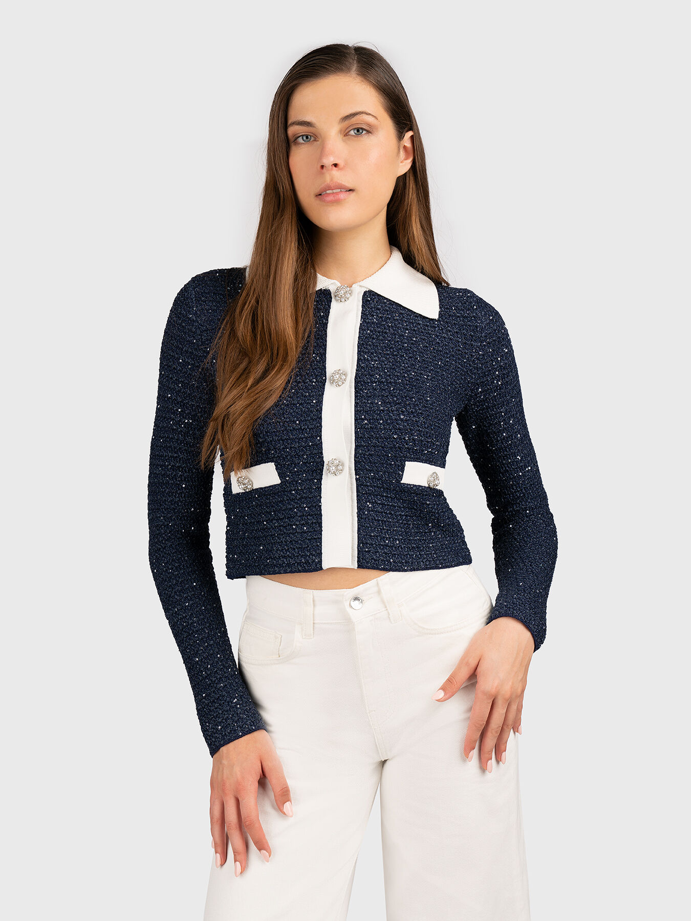 ★正規品★人気★ 【GLOWNY】 PEBBLE BOUCLE JACKET Boucle jacket with sequins in beige brand LIU JO