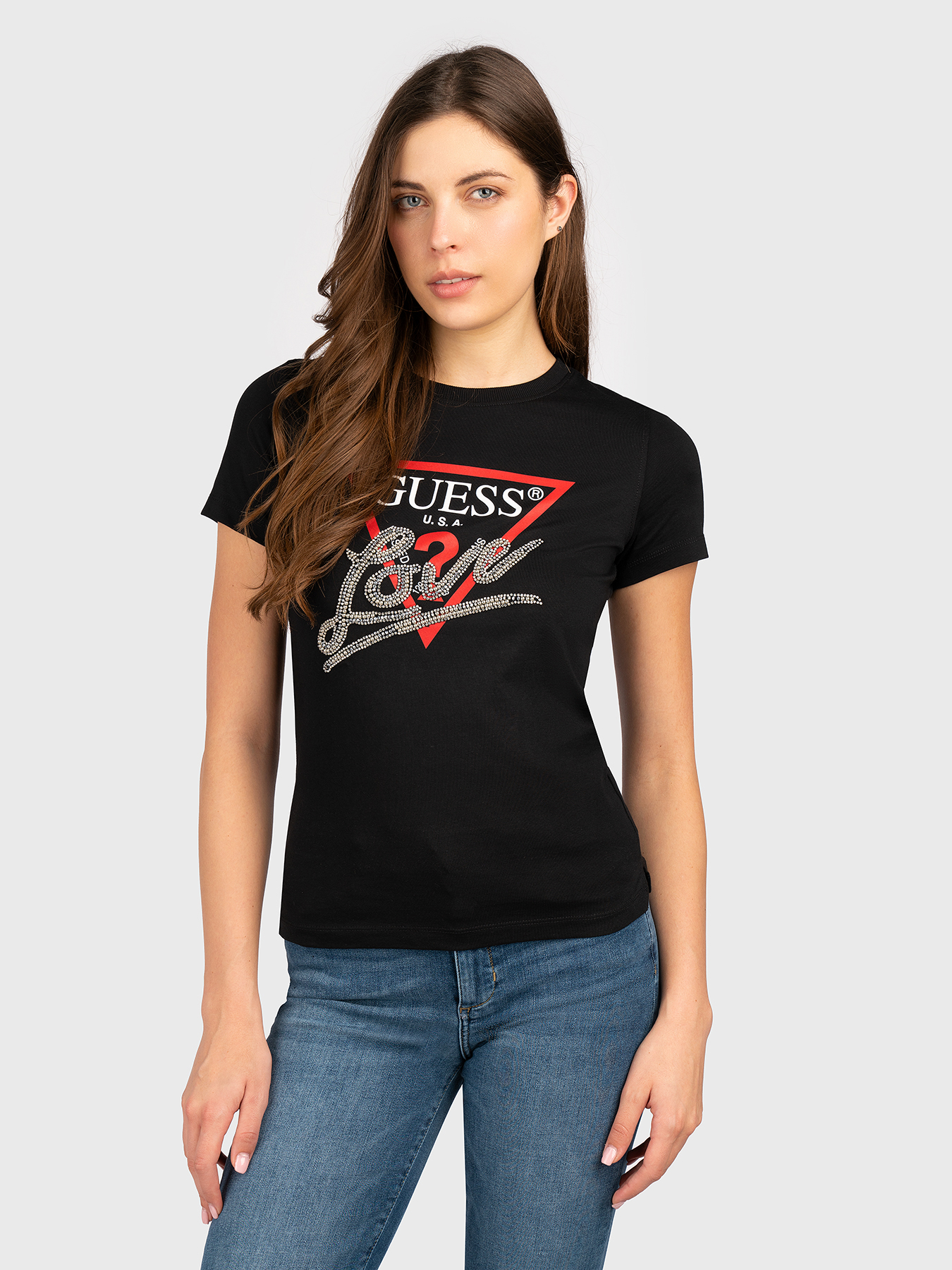 Cotton T-shirt with logo print and rhinestones brand GUESS
