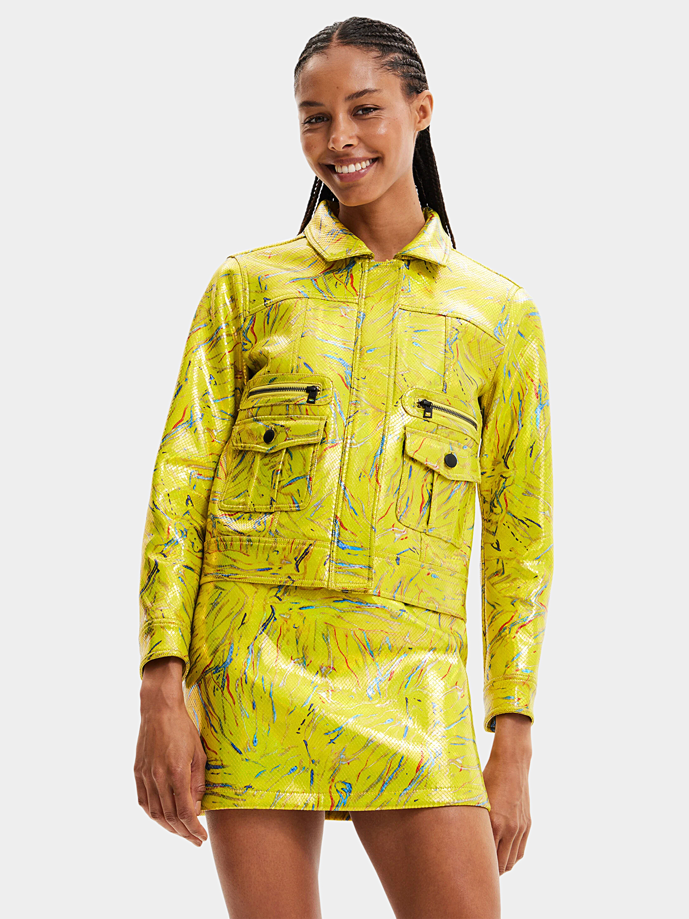 【希少】Desigual 刺繍入りダークグリーンジャケット 着物風　カーキ　L Green jacket with colorful print brand DESIGUAL