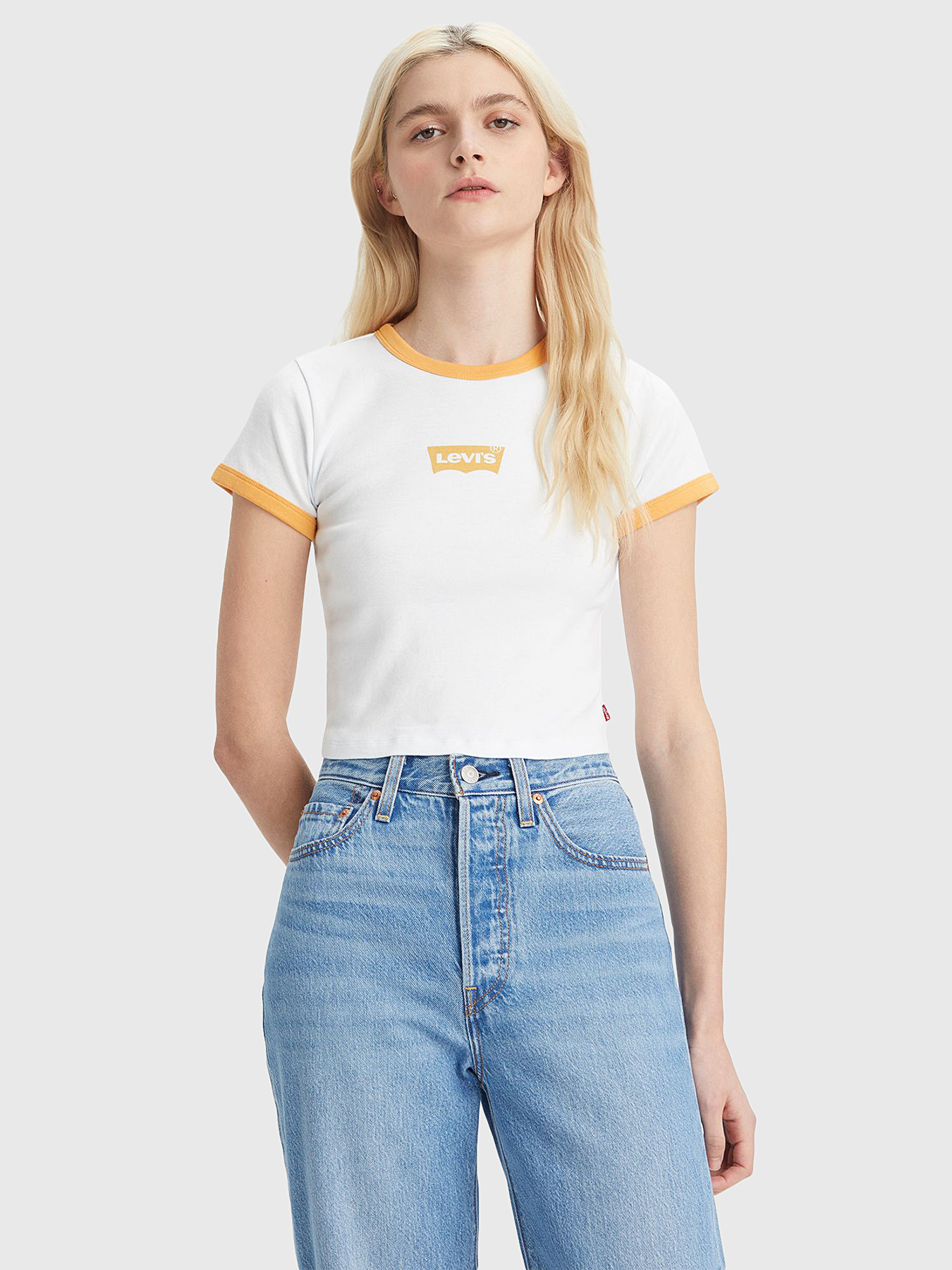 [ JEANS] Ringer Badge T-shirt ★大人気★ Lois Jeans Ringer Logo T-Shirt - White/Blue - 1341-6618
