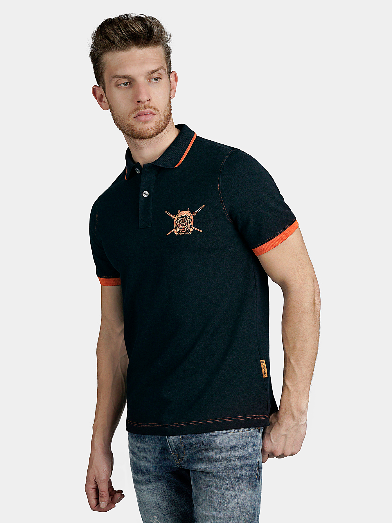 Dark blue polo-shirt with orange details brand GINZA MODE