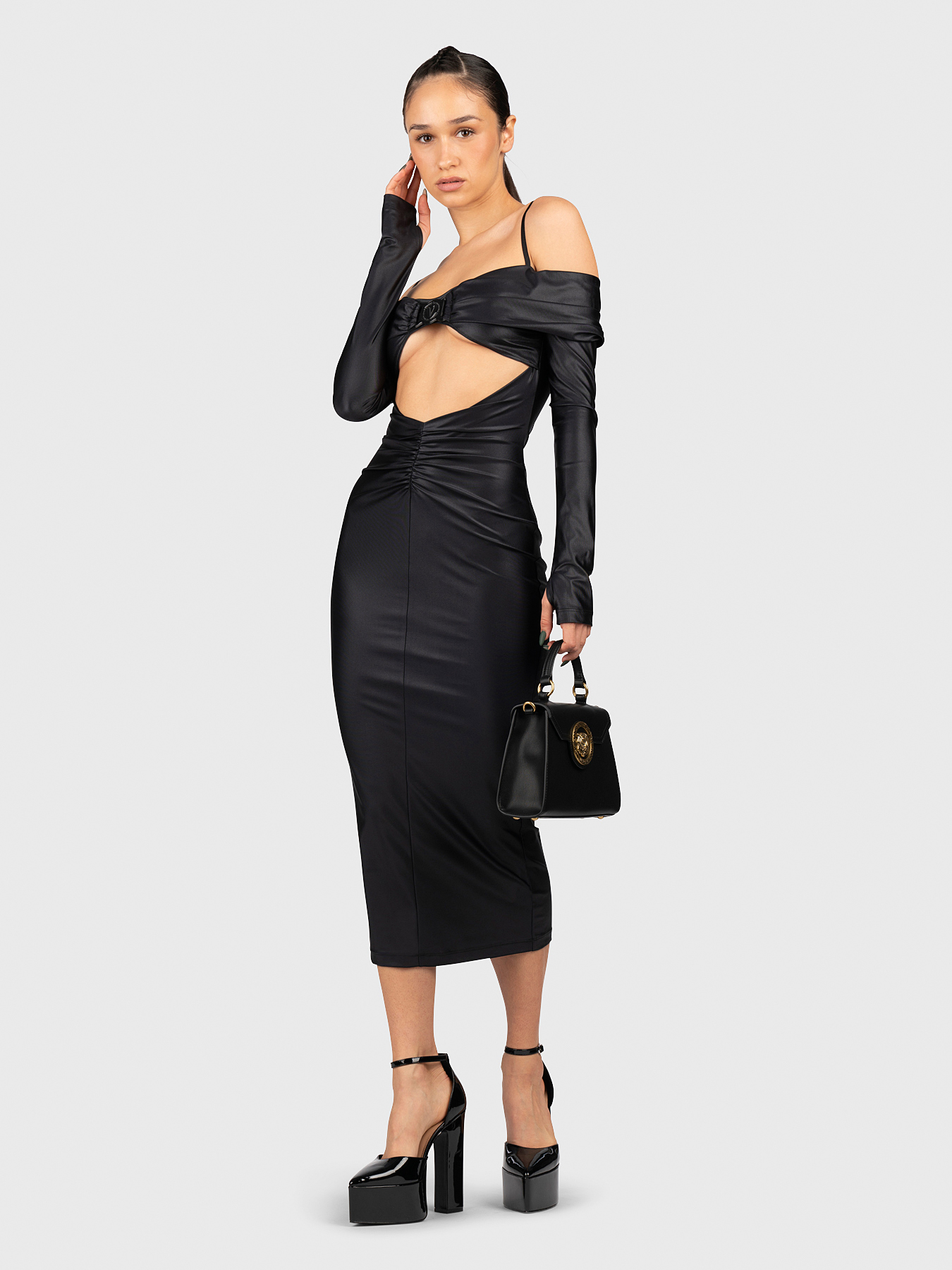 Черна миди рокля с изрязани детайли на марката VERSACE JEANS COUTURE ...