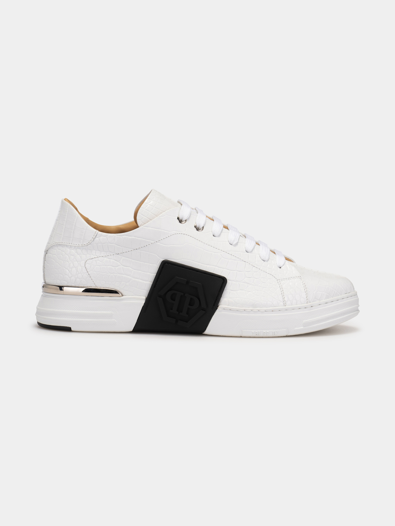 White leather sneakers with crocodile texture brand PHILIPP PLEIN