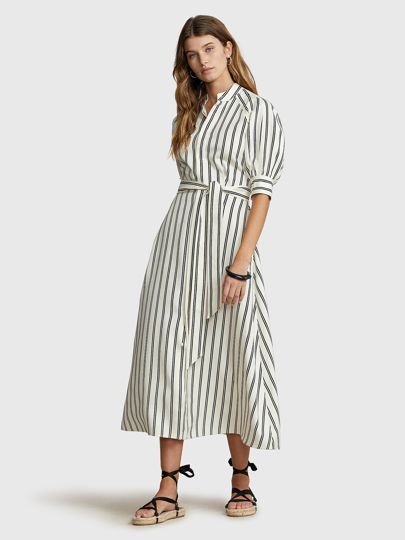 CICI silk midi dress with striped print and belt brand POLO