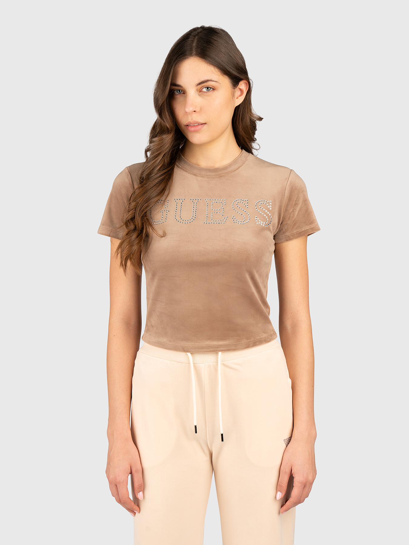 Velvet T-shirt with logo rhinestones brand GUESS