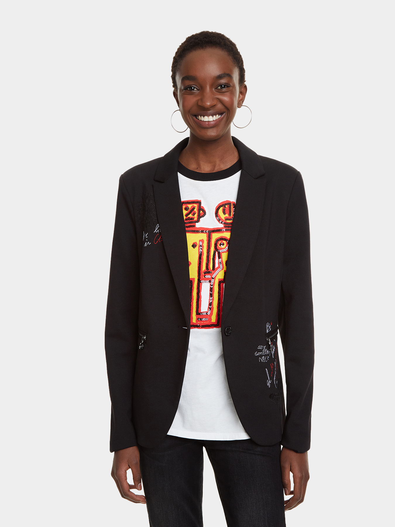 Black blazer with contrasting embroidery brand DESIGUAL