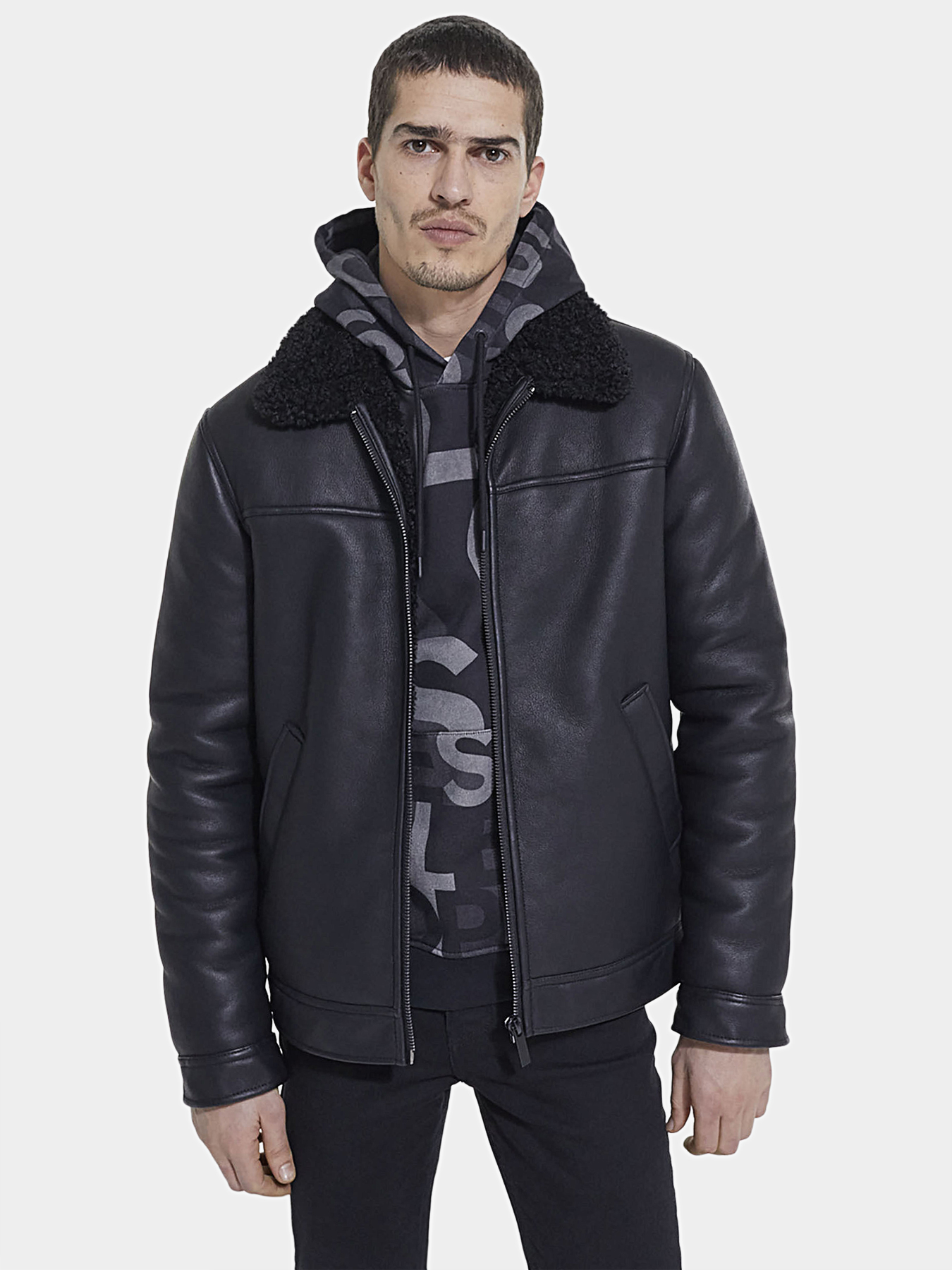 Black eco leather jacket with accent collar brand THE