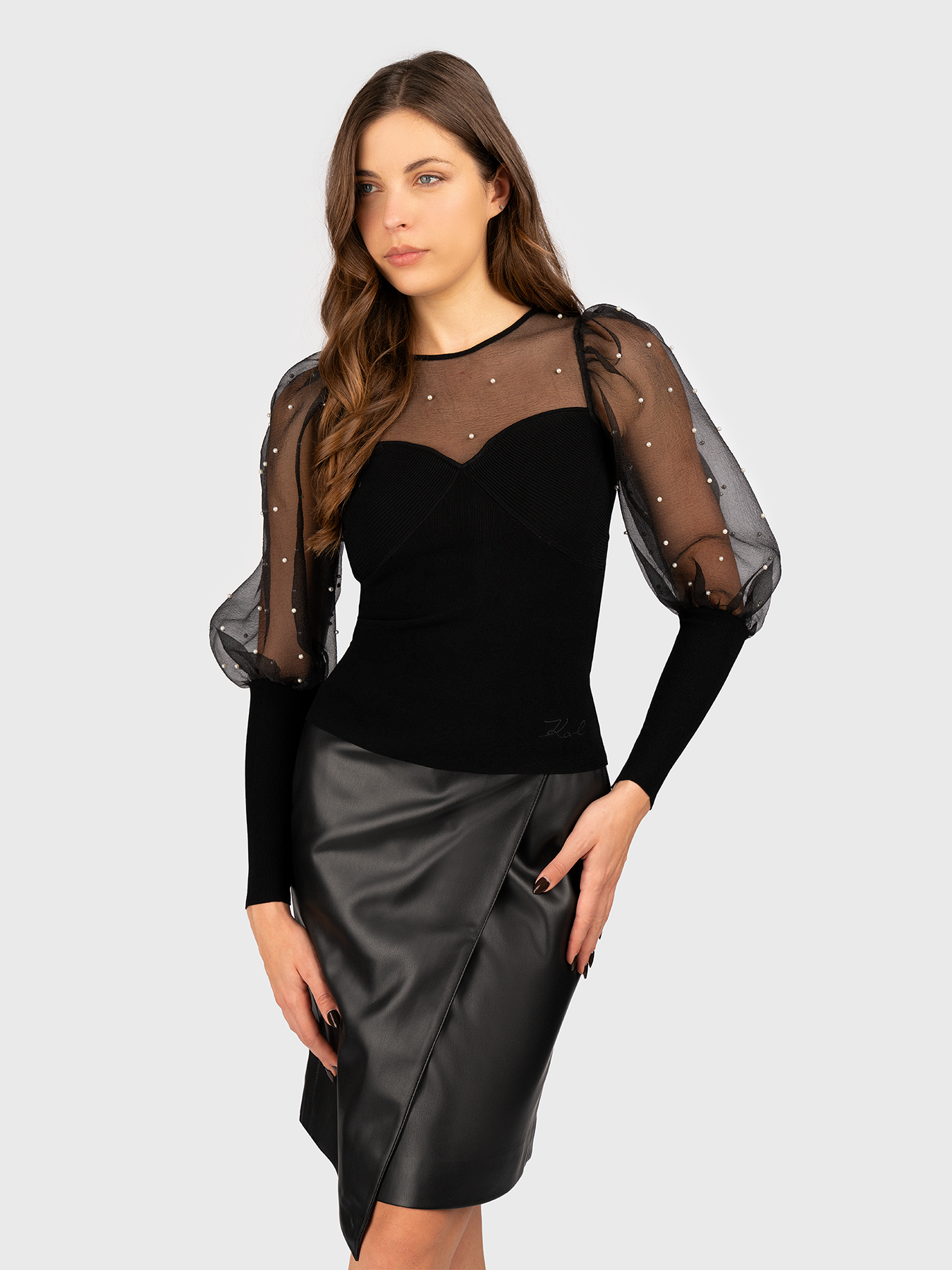 Black blouse with puff sleeves and pearls brand Karl